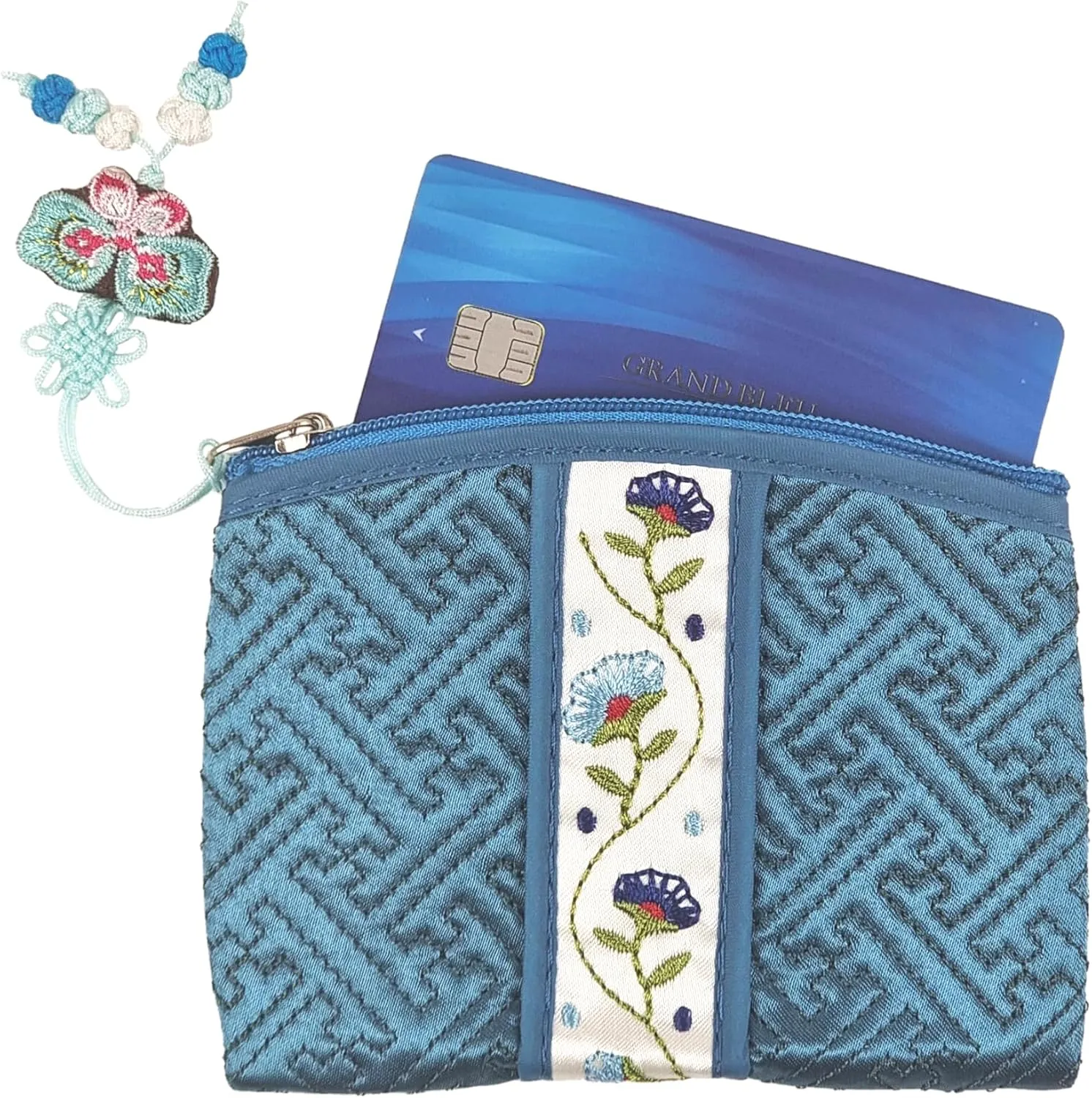 Seoulful Vintage Korean Embroidered Card Pouch - Wildflower Design Coin Purse with Butterfly Charm (Light Pink)