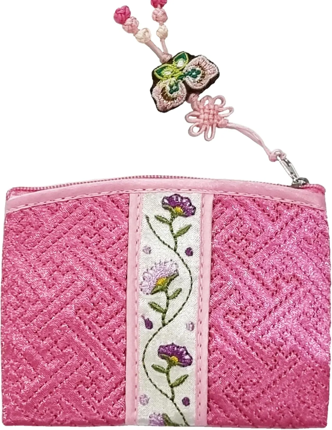 Seoulful Vintage Korean Embroidered Card Pouch - Wildflower Design Coin Purse with Butterfly Charm (Light Pink)