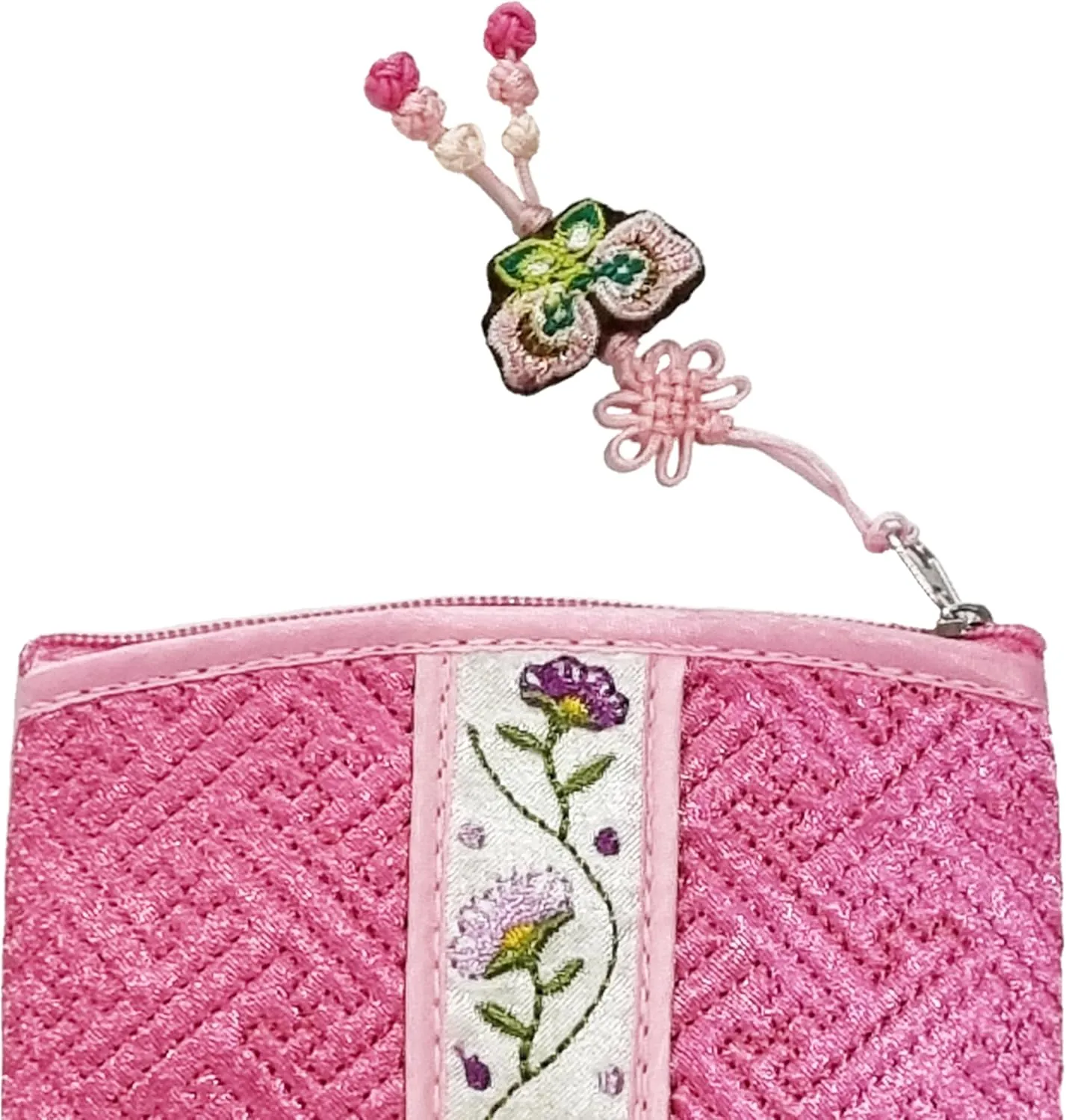 Seoulful Vintage Korean Embroidered Card Pouch - Wildflower Design Coin Purse with Butterfly Charm (Light Pink)