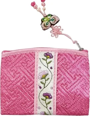 Seoulful Vintage Korean Embroidered Card Pouch - Wildflower Design Coin Purse with Butterfly Charm (Light Pink)