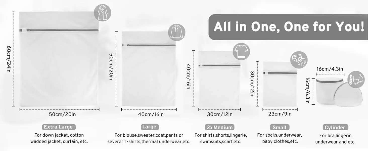 Seven exquisite laundry bags specially designed for cleaning delicate garments. These bags are used for washing shirts, underwear, stockings and bras. (7-piece laundry bag set)
