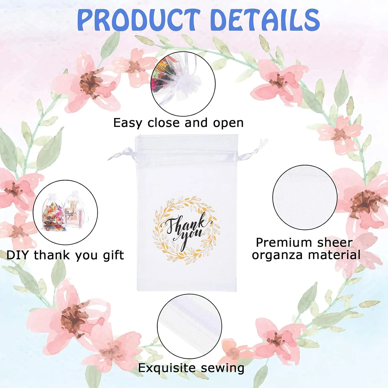 Shappy 100 Pieces Thank You Bags Sheer Organza Bags, Small Jewelry Present Pocket with Drawstring, Mesh Wedding Party Favor Pocket for Sachet, Jewelry, Makeup Organza Favor Bag(4" x 6",White)