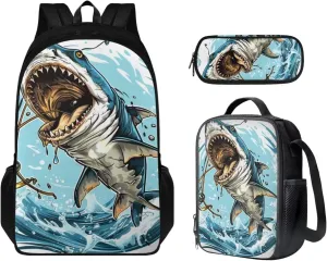 Sharks Print Backpack Lunchbox Set for Girls 4th to 6th Grade Multi-Functional Tote Bag for Children Lightweight Oil Proof Insulated Lunch Bag for School Picnic Beach Travel