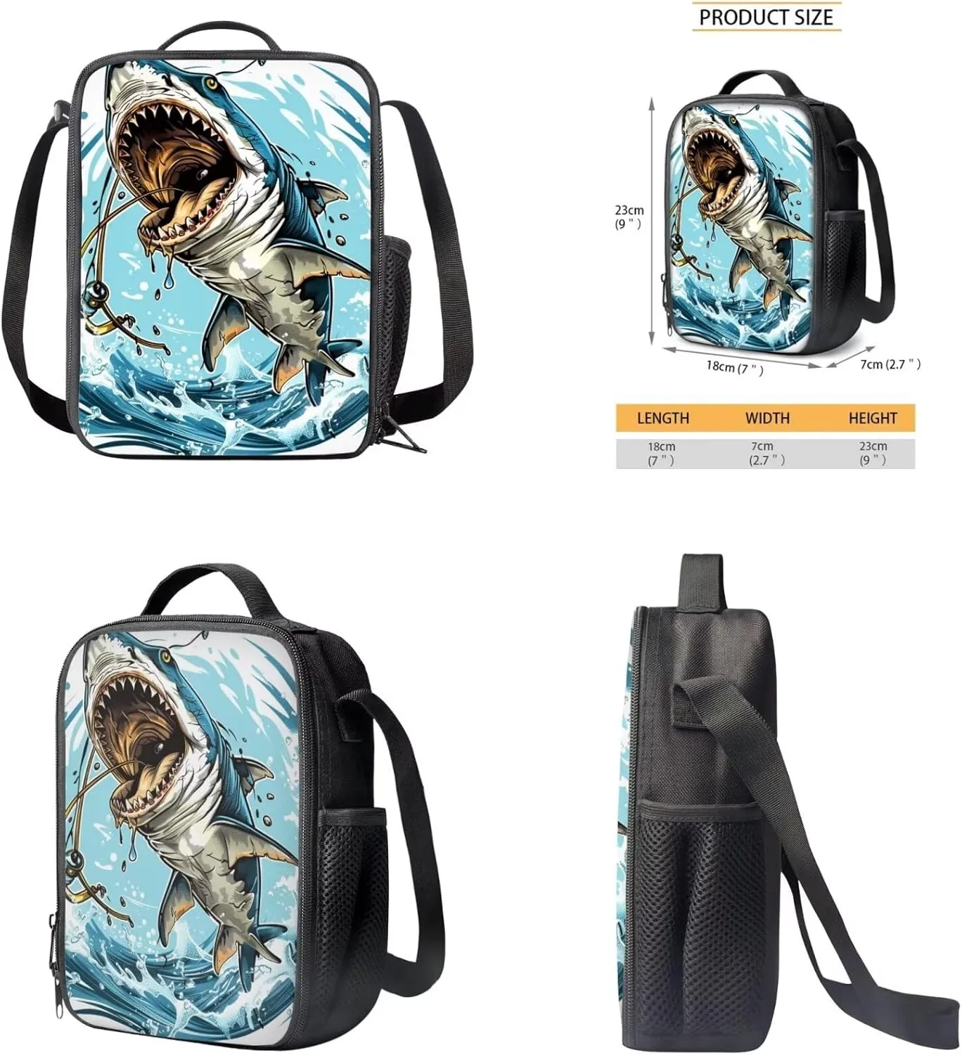 Sharks Print Backpack Lunchbox Set for Girls 4th to 6th Grade Multi-Functional Tote Bag for Children Lightweight Oil Proof Insulated Lunch Bag for School Picnic Beach Travel