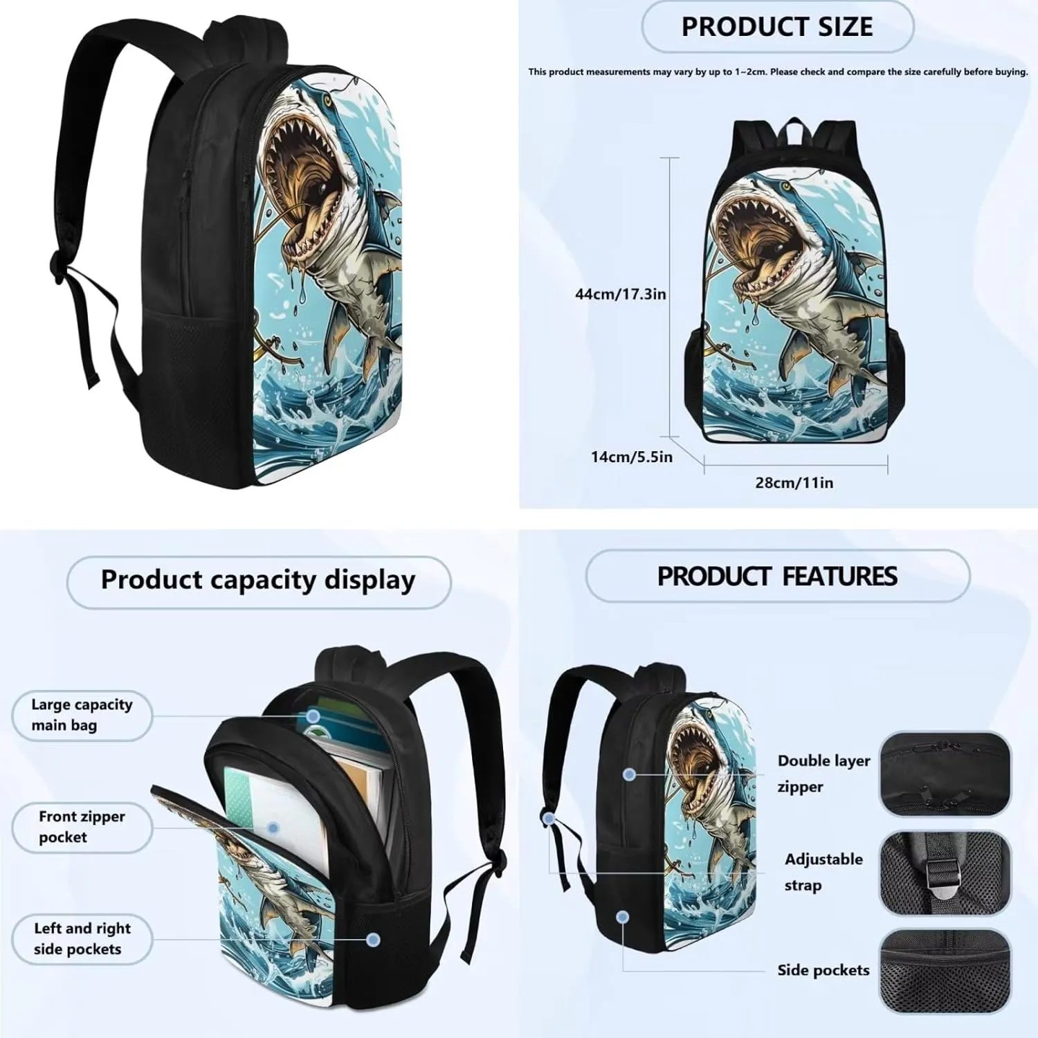 Sharks Print Backpack Lunchbox Set for Girls 4th to 6th Grade Multi-Functional Tote Bag for Children Lightweight Oil Proof Insulated Lunch Bag for School Picnic Beach Travel