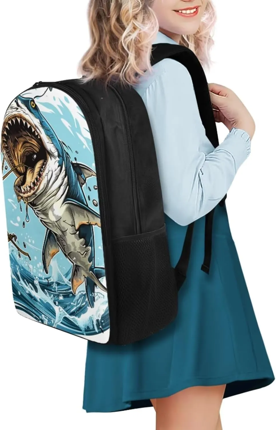Sharks Print Backpack Lunchbox Set for Girls 4th to 6th Grade Multi-Functional Tote Bag for Children Lightweight Oil Proof Insulated Lunch Bag for School Picnic Beach Travel