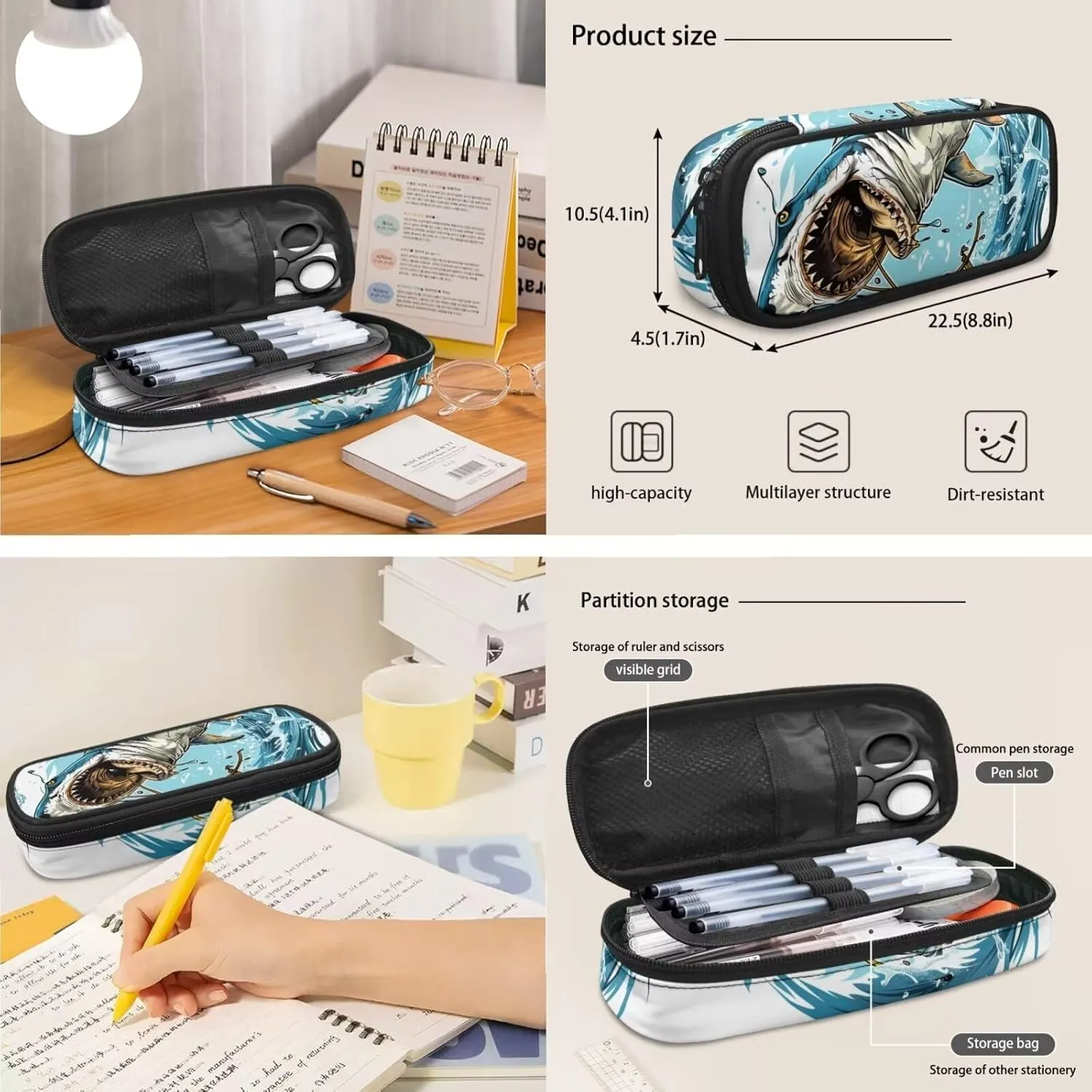 Sharks Print Backpack Lunchbox Set for Girls 4th to 6th Grade Multi-Functional Tote Bag for Children Lightweight Oil Proof Insulated Lunch Bag for School Picnic Beach Travel