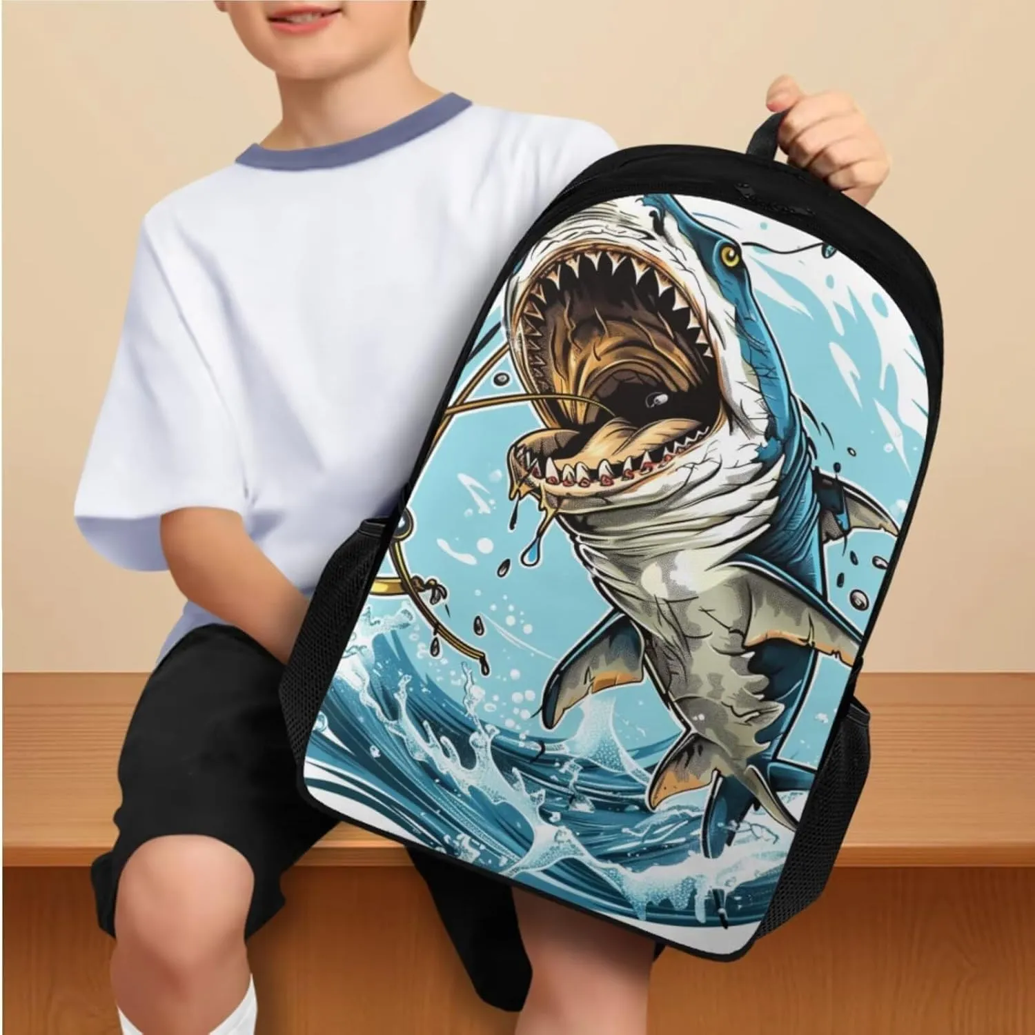 Sharks Print Backpack Lunchbox Set for Girls 4th to 6th Grade Multi-Functional Tote Bag for Children Lightweight Oil Proof Insulated Lunch Bag for School Picnic Beach Travel