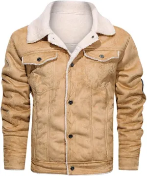 Sherpa Lined Leather Jacket for Men Vintage Suede Pocket Plush Lapel Collar Jackets Winter Outdoor Work Trucker Coat
