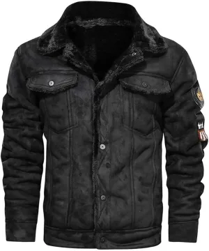 Sherpa Lined Leather Jacket for Men Vintage Suede Pocket Plush Lapel Collar Jackets Winter Outdoor Work Trucker Coat