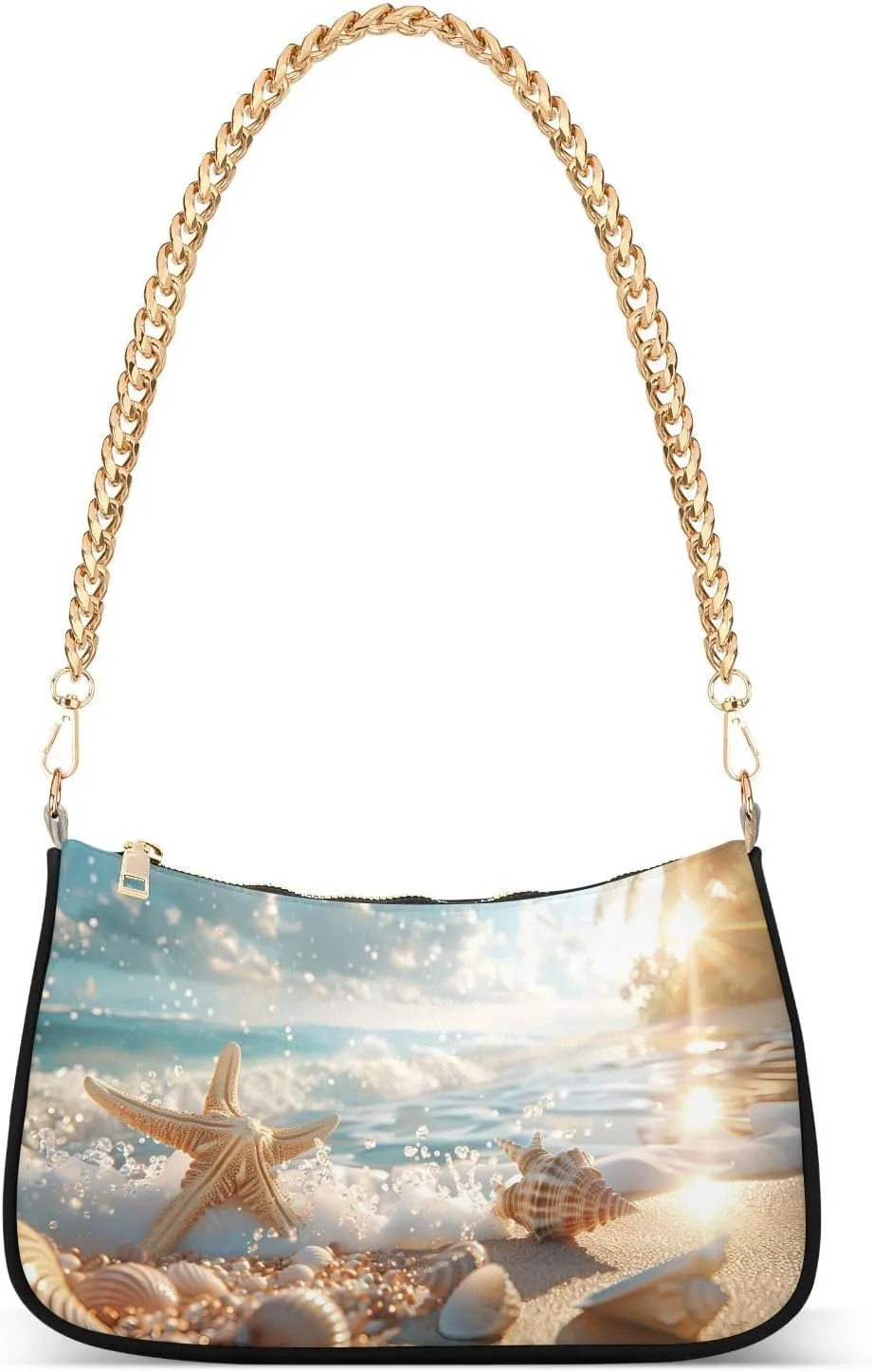 Shoulder Bags for Women Starfish and Seashells Tote HandBag Shoulder Bags purse with Chain Zipper Closure