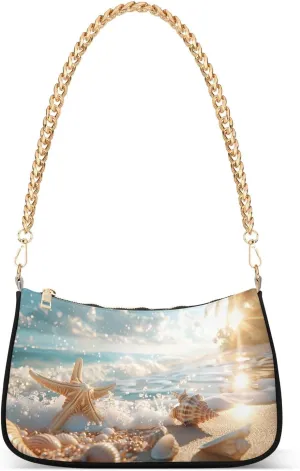 Shoulder Bags for Women Starfish and Seashells Tote HandBag Shoulder Bags purse with Chain Zipper Closure