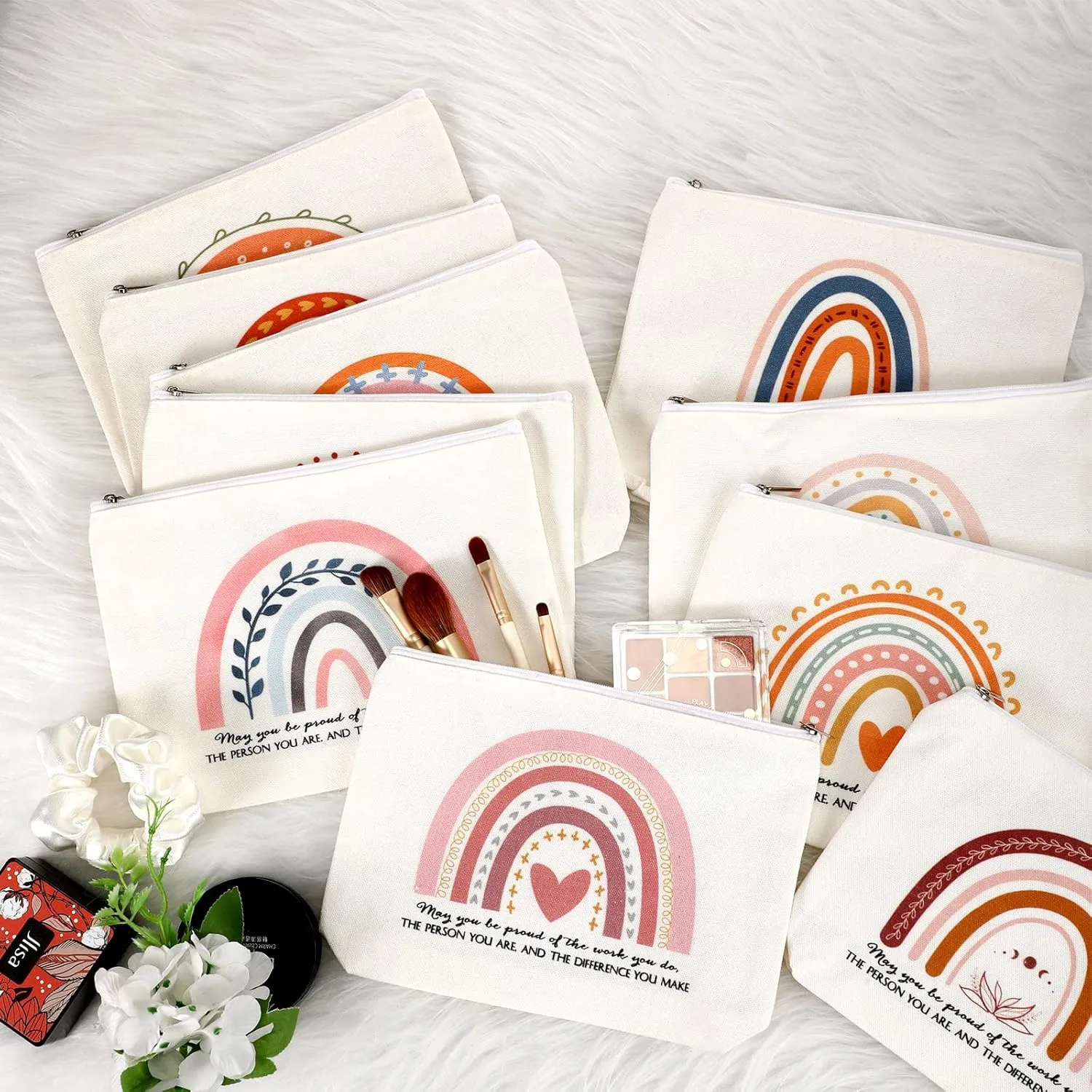 Sieral 30 Pcs Rainbow Canvas Makeup Bags Bulk CNA Week Gifts Employee Appreciation Gifts Graduation Inspirational Cosmetic Bags for Teacher Coworker Volunteer Nurse(Delicate)