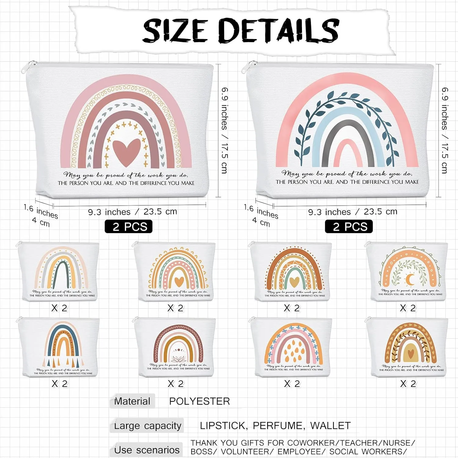Sieral 30 Pcs Rainbow Canvas Makeup Bags Bulk CNA Week Gifts Employee Appreciation Gifts Graduation Inspirational Cosmetic Bags for Teacher Coworker Volunteer Nurse(Delicate)