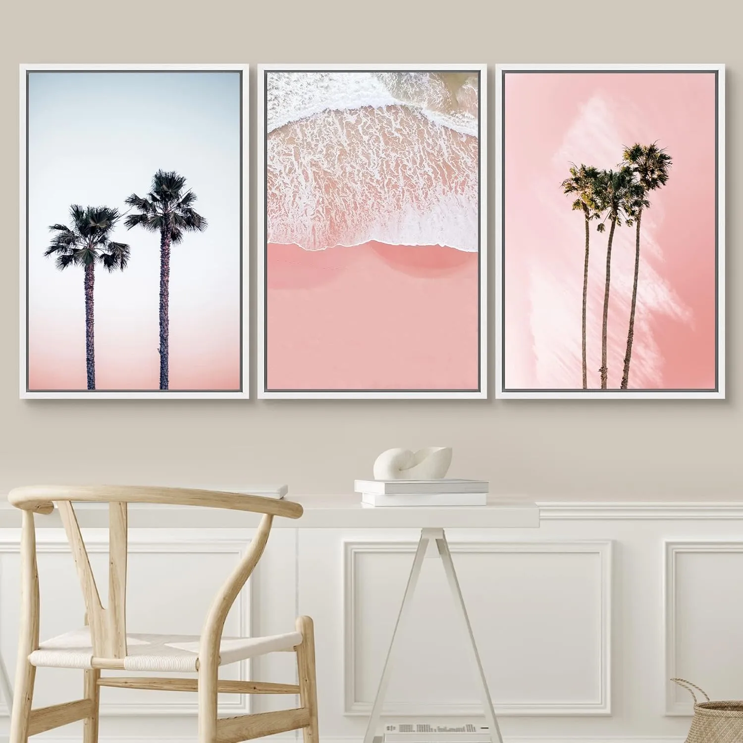 SIGNWIN 3 Piece Framed Canvas Wall Art Palm Tree in The Pink Beach Canvas Prints Home Artwork Decoration for Living Room,Bedroom - 16"x24"x3 White