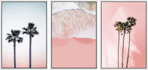 SIGNWIN 3 Piece Framed Canvas Wall Art Palm Tree in The Pink Beach Canvas Prints Home Artwork Decoration for Living Room,Bedroom - 16"x24"x3 White