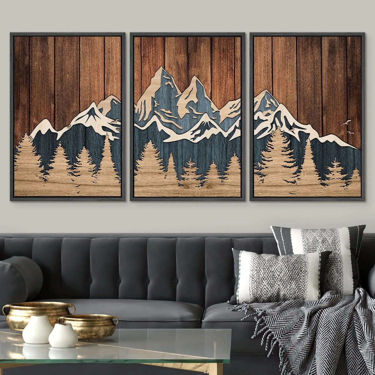 SIGNWIN Framed Canvas Print Wall Art Set Country Wood Panel Mountain Forest Nature Wilderness Illustrations Modern Art Decorative Farmhouse Zen for Living Room, Bedroom, Office - 24"x36"x3 Black
