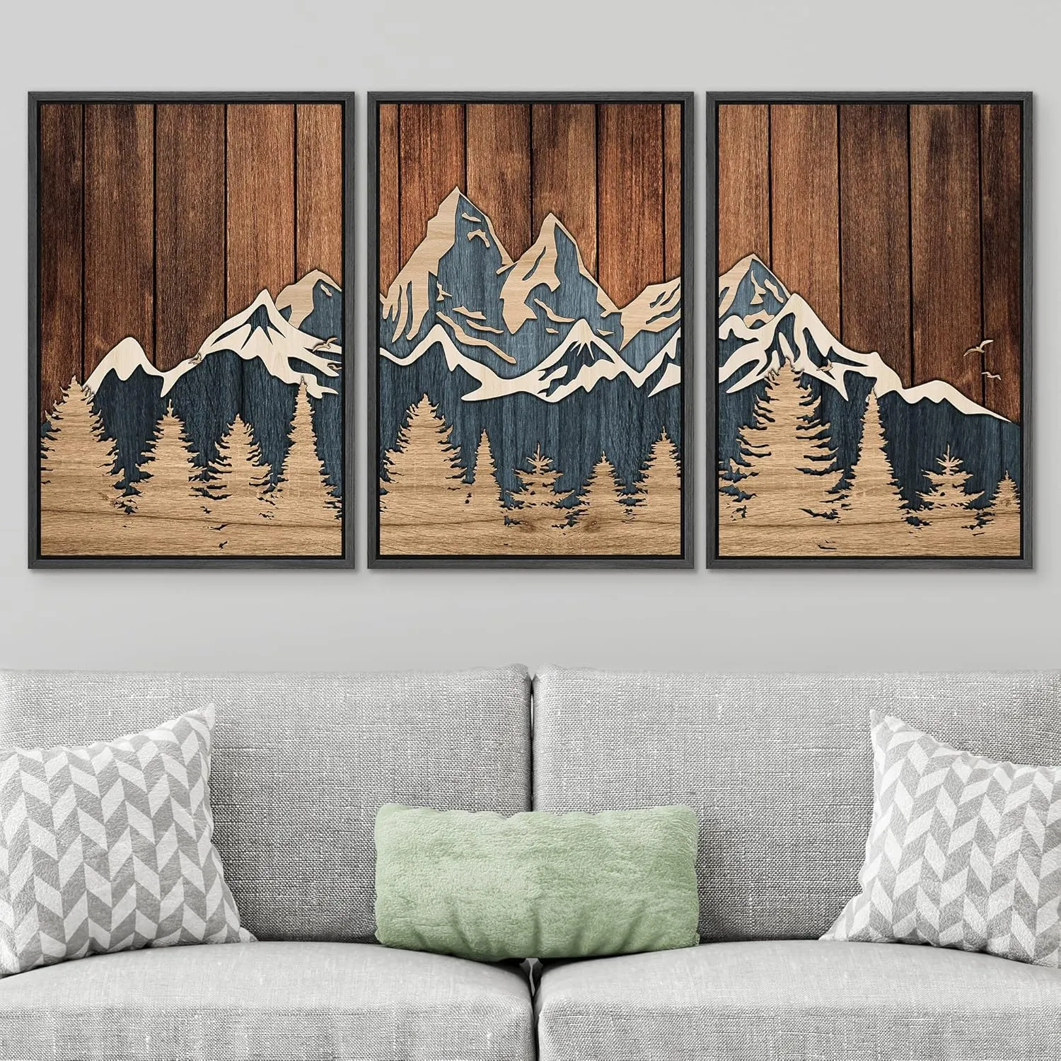 SIGNWIN Framed Canvas Print Wall Art Set Country Wood Panel Mountain Forest Nature Wilderness Illustrations Modern Art Decorative Farmhouse Zen for Living Room, Bedroom, Office - 24"x36"x3 Black