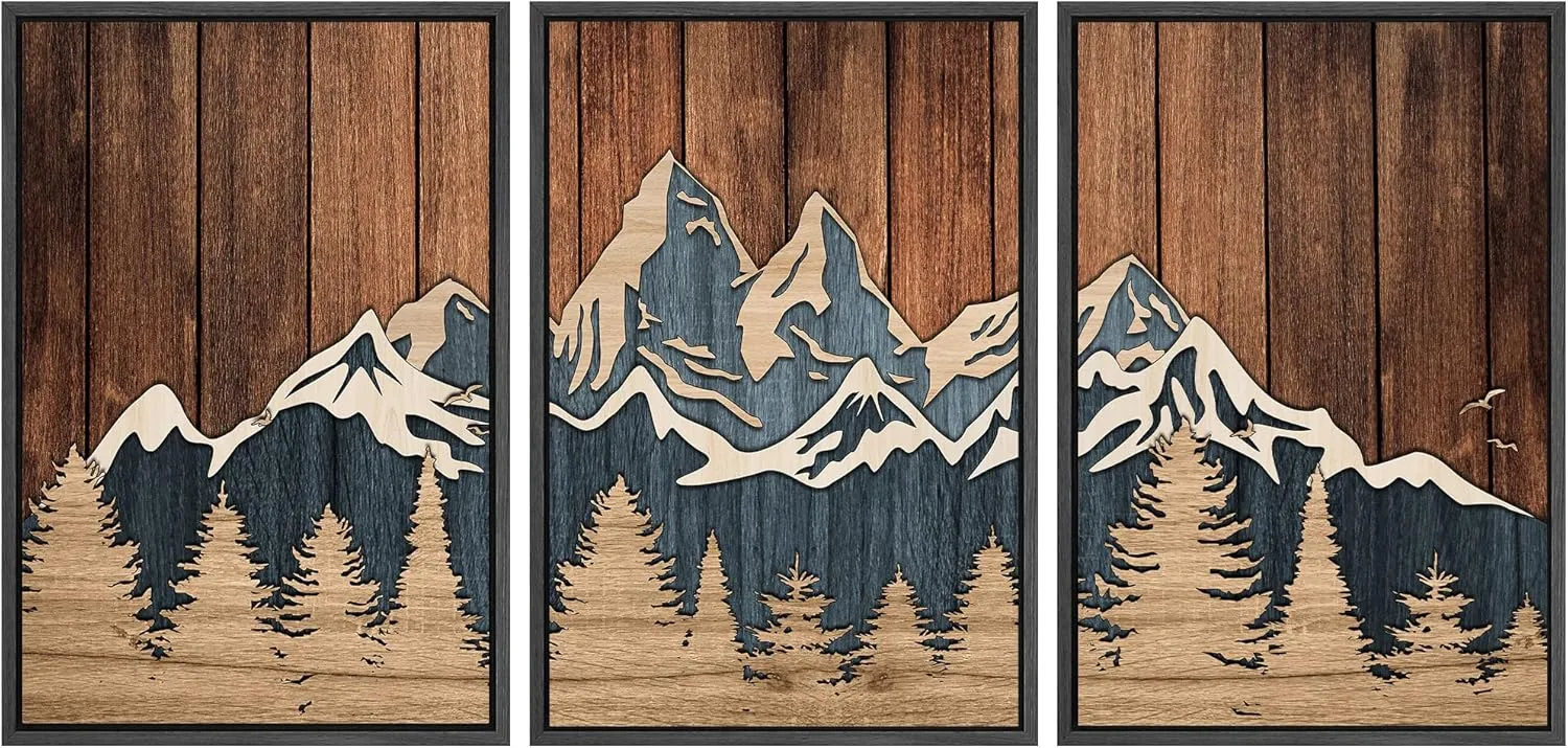 SIGNWIN Framed Canvas Print Wall Art Set Country Wood Panel Mountain Forest Nature Wilderness Illustrations Modern Art Decorative Farmhouse Zen for Living Room, Bedroom, Office - 24"x36"x3 Black