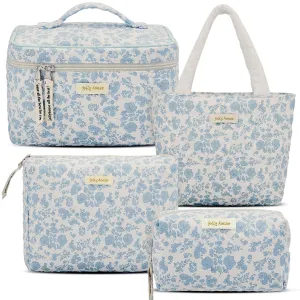 Silkfly 4 Pcs Cosmetic Bags Set Cotton Quilted Makeup Bag Portable Cute Floral Cosmetic Pouch Vintage Travel Coquette Aesthetic Small Tote for Women Suitcase Accessories(Blue Flower)