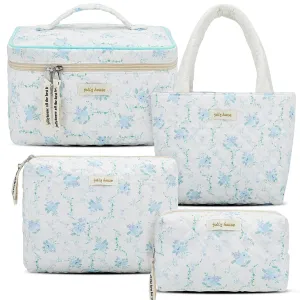 Silkfly 4 Pcs Cosmetic Bags Set Cotton Quilted Makeup Bag Portable Cute Floral Cosmetic Pouch Vintage Travel Coquette Aesthetic Small Tote for Women Suitcase Accessories(Blue Peony)
