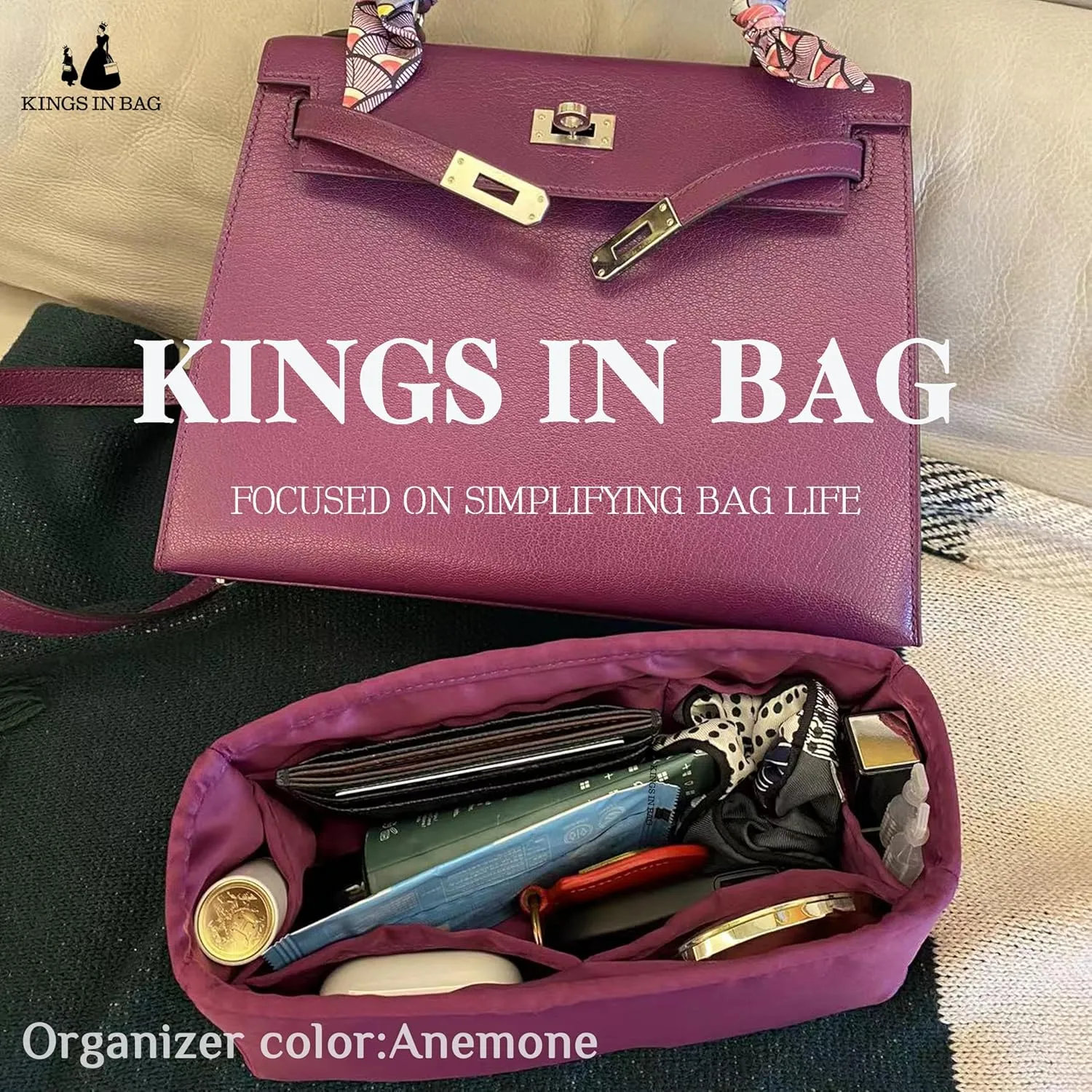 Silky Bag Insert for Kelly 32, Purse Organizer Compatible with Hermes Kelly, Lightweight Luxury Bag Shaper with Multiple Pockets for Daily Use (Anemone, KE 32)