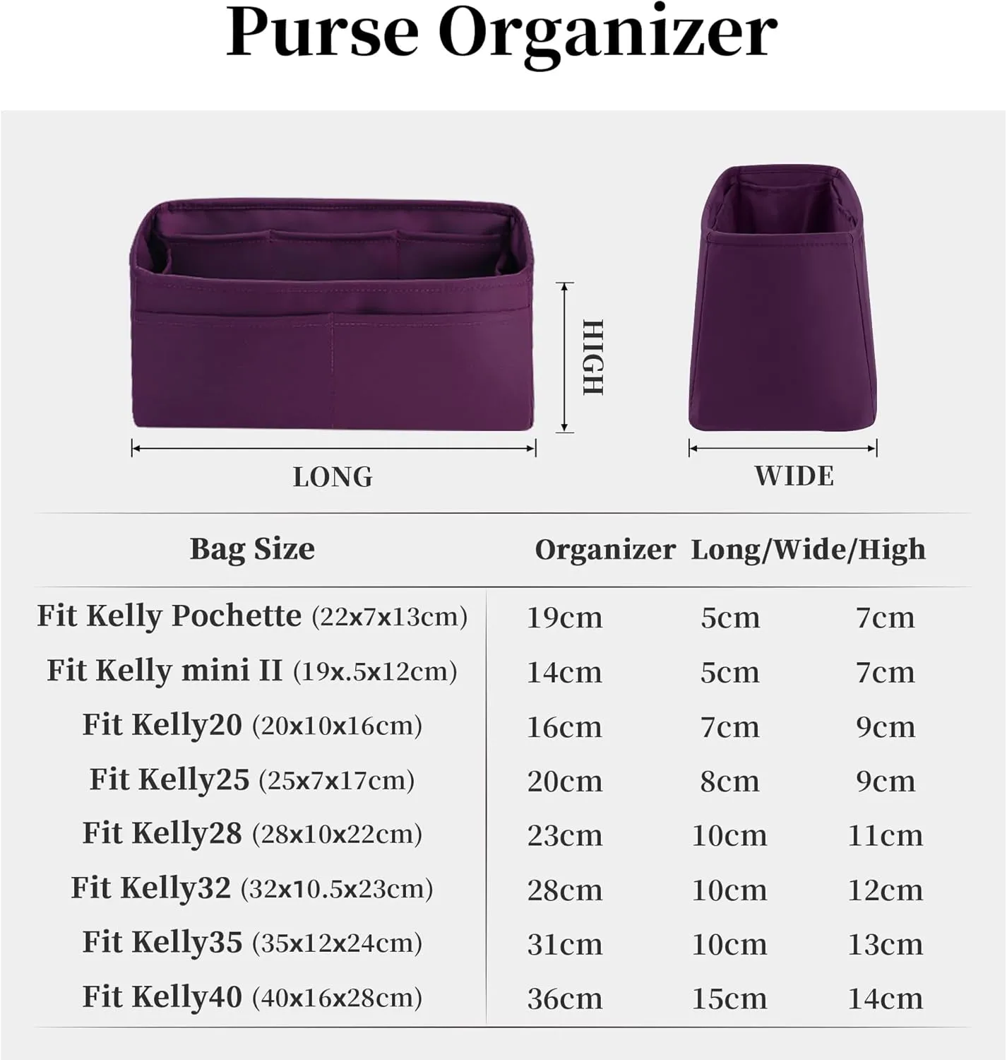 Silky Bag Insert for Kelly 32, Purse Organizer Compatible with Hermes Kelly, Lightweight Luxury Bag Shaper with Multiple Pockets for Daily Use (Anemone, KE 32)