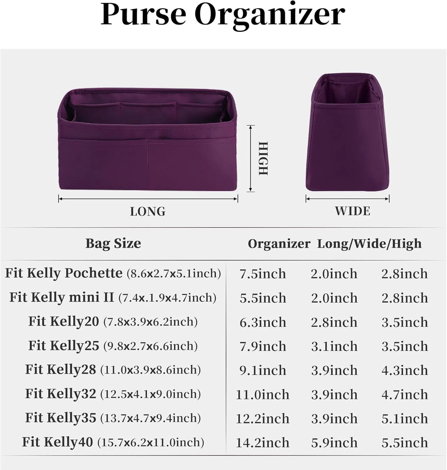 Silky Bag Insert for Kelly 32, Purse Organizer Compatible with Hermes Kelly, Lightweight Luxury Bag Shaper with Multiple Pockets for Daily Use (Anemone, KE 32)