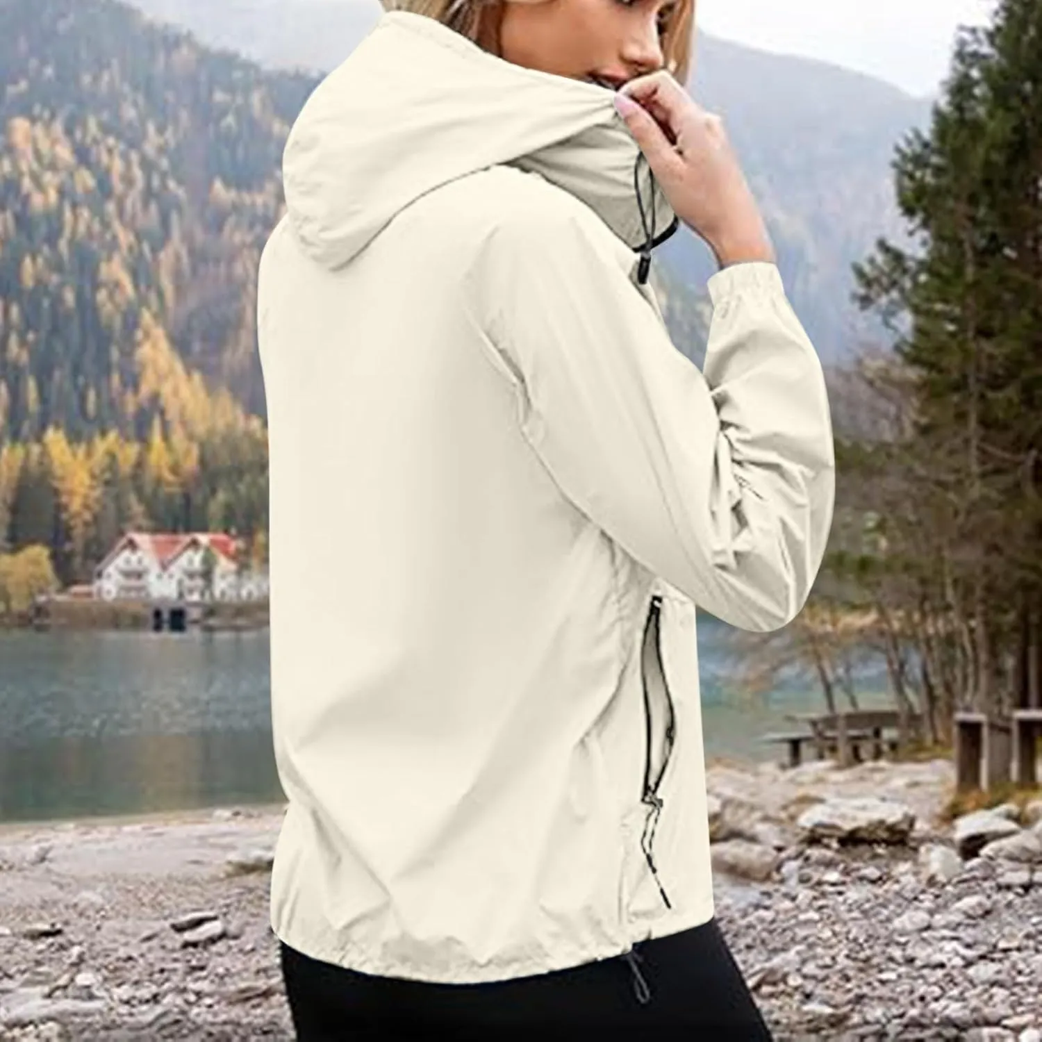 Sinzelimin Women Rain Jacket Lightweight Zip up Long Sleeves Hooded Windbreaker Jackets Raincoat with Pockets and Storage Bag