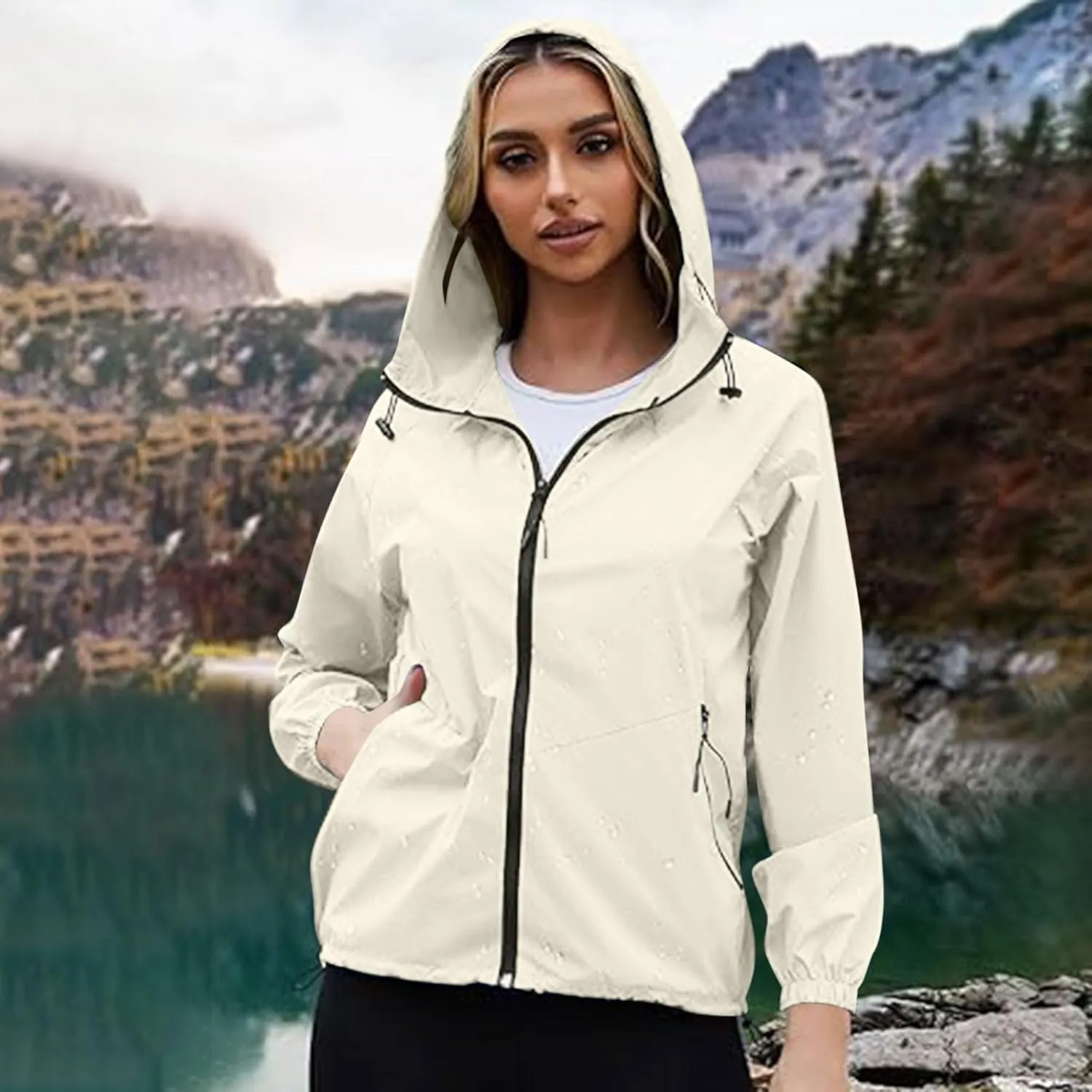 Sinzelimin Women Rain Jacket Lightweight Zip up Long Sleeves Hooded Windbreaker Jackets Raincoat with Pockets and Storage Bag