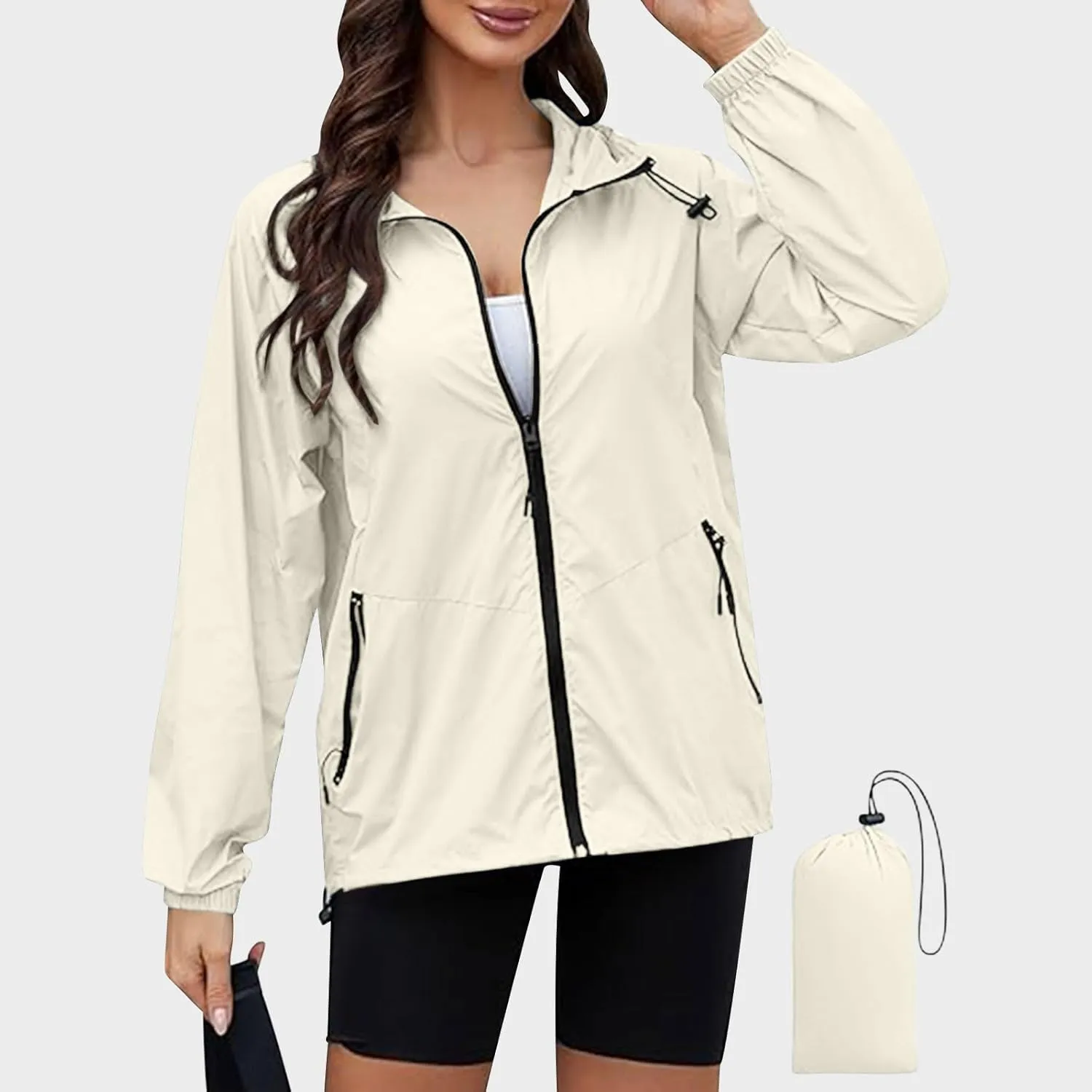 Sinzelimin Women Rain Jacket Lightweight Zip up Long Sleeves Hooded Windbreaker Jackets Raincoat with Pockets and Storage Bag
