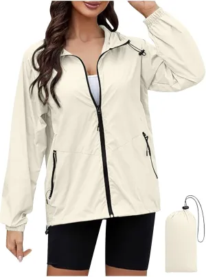 Sinzelimin Women Rain Jacket Lightweight Zip up Long Sleeves Hooded Windbreaker Jackets Raincoat with Pockets and Storage Bag