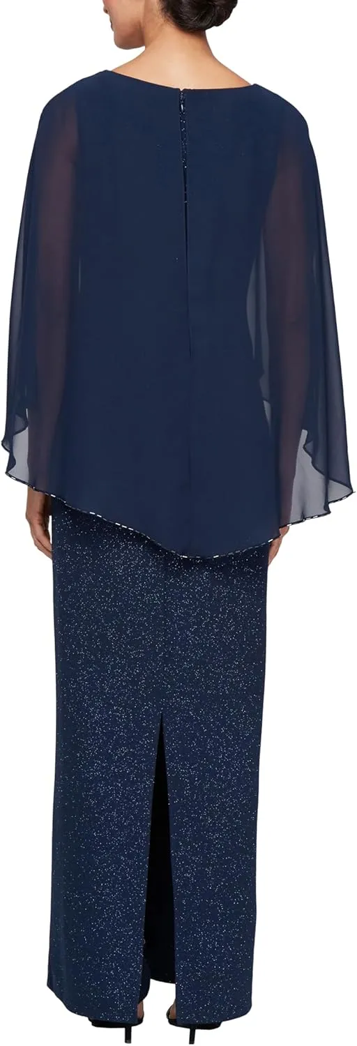 S.L. Fashions Women's Long Mother of The Bride Column Dress with High Low Overlay and Back Slit