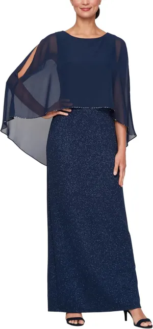 S.L. Fashions Women's Long Mother of The Bride Column Dress with High Low Overlay and Back Slit