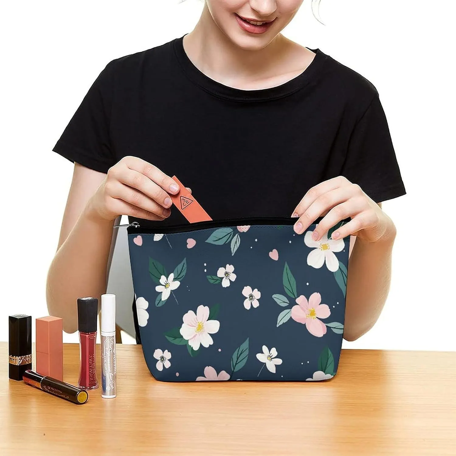 Small Cosmetic Bag Elegant Roomy Navy Blue Flower Makeup Bags Portable Zipper Pouch Lipstick Bag Travel Toiletry Bag for Best Friend Gift