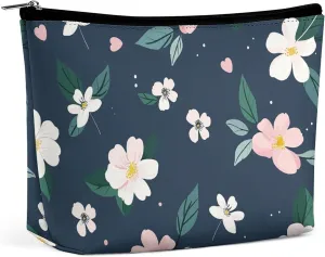 Small Cosmetic Bag Elegant Roomy Navy Blue Flower Makeup Bags Portable Zipper Pouch Lipstick Bag Travel Toiletry Bag for Best Friend Gift