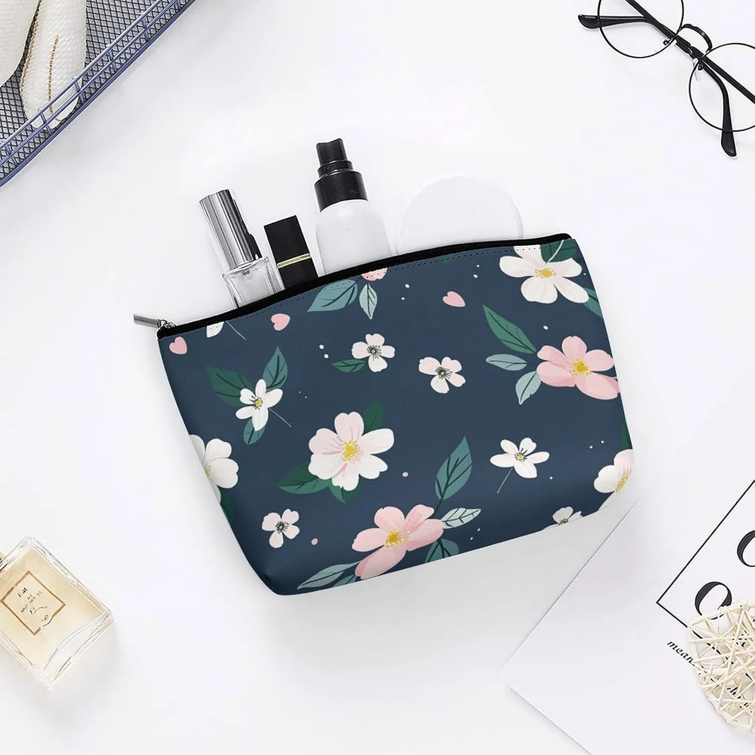 Small Cosmetic Bag Elegant Roomy Navy Blue Flower Makeup Bags Portable Zipper Pouch Lipstick Bag Travel Toiletry Bag for Best Friend Gift