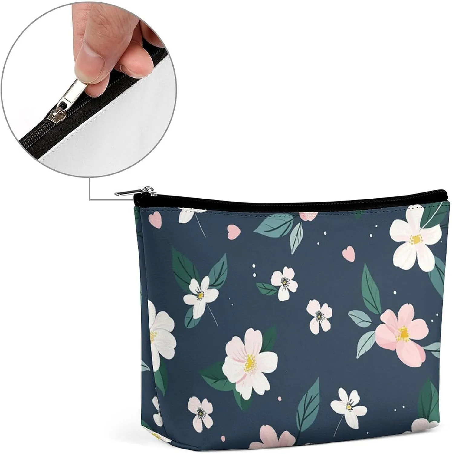 Small Cosmetic Bag Elegant Roomy Navy Blue Flower Makeup Bags Portable Zipper Pouch Lipstick Bag Travel Toiletry Bag for Best Friend Gift