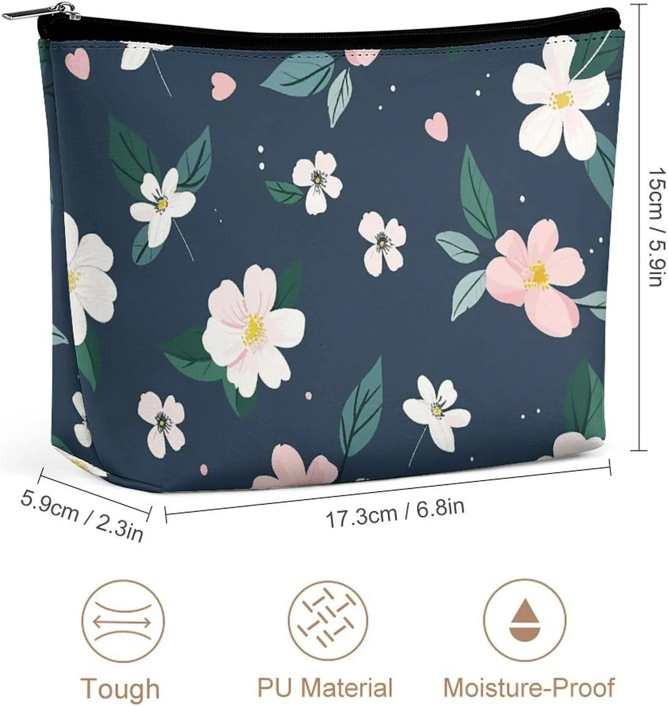 Small Cosmetic Bag Elegant Roomy Navy Blue Flower Makeup Bags Portable Zipper Pouch Lipstick Bag Travel Toiletry Bag for Best Friend Gift