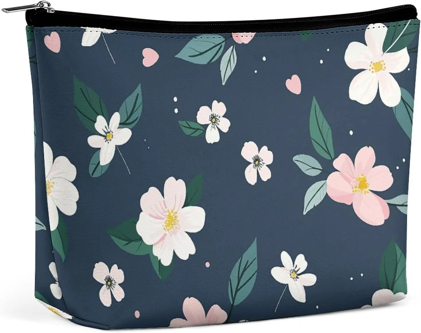Small Cosmetic Bag Elegant Roomy Navy Blue Flower Makeup Bags Portable Zipper Pouch Lipstick Bag Travel Toiletry Bag for Best Friend Gift
