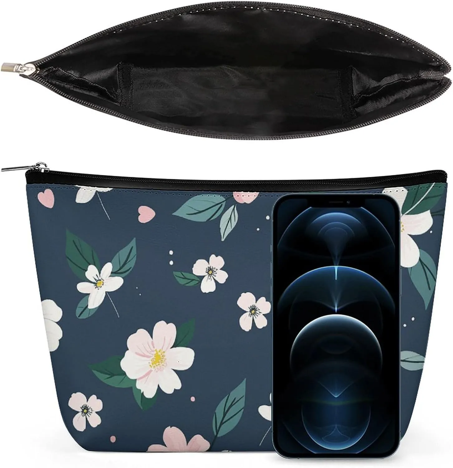 Small Cosmetic Bag Elegant Roomy Navy Blue Flower Makeup Bags Portable Zipper Pouch Lipstick Bag Travel Toiletry Bag for Best Friend Gift