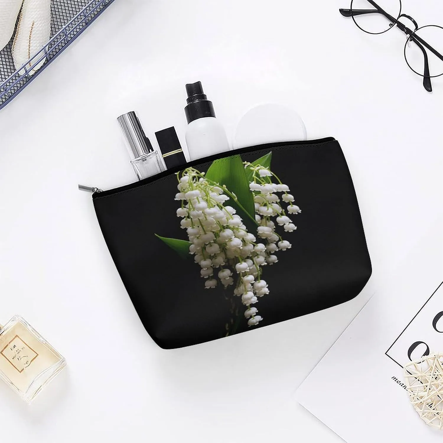 Small Cosmetic Bag Elegant Roomy Some Lilies of The Valley Makeup Bags Portable Zipper Pouch Lipstick Bag Travel Toiletry Bag for Best Friend Gift
