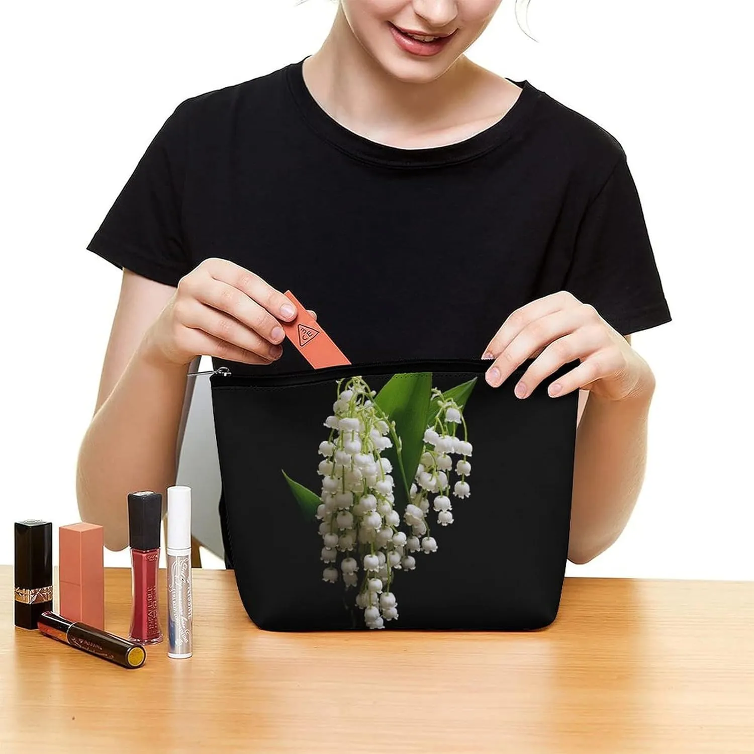 Small Cosmetic Bag Elegant Roomy Some Lilies of The Valley Makeup Bags Portable Zipper Pouch Lipstick Bag Travel Toiletry Bag for Best Friend Gift