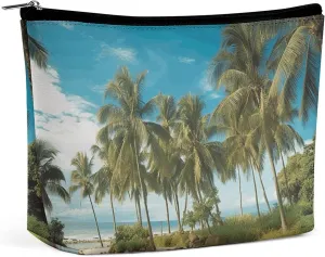 Small Cosmetic Bag Elegant Roomy Tropical Coconut Trees Beach Makeup Bags Portable Zipper Pouch Lipstick Bag Travel Toiletry Bag for Best Friend Gift