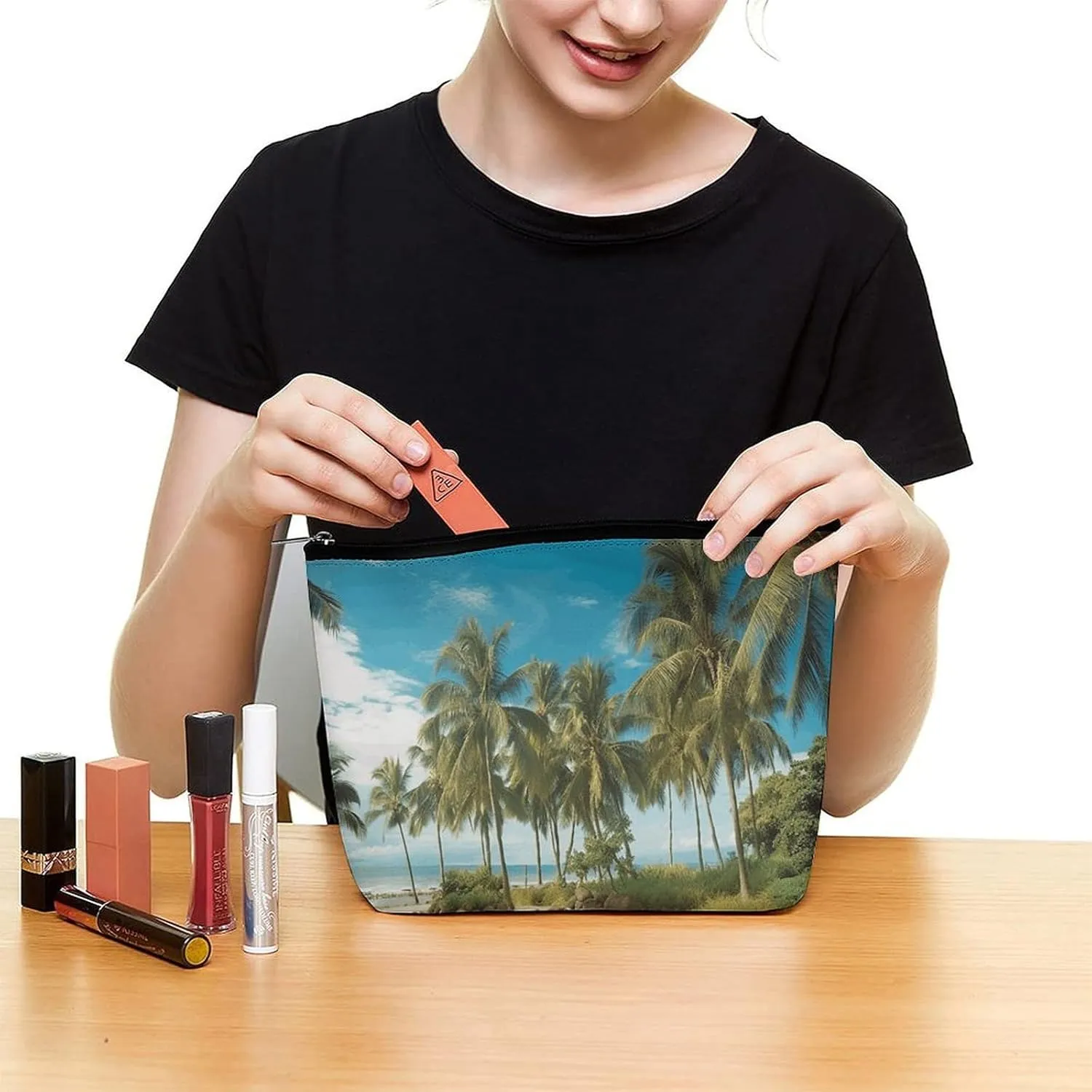 Small Cosmetic Bag Elegant Roomy Tropical Coconut Trees Beach Makeup Bags Portable Zipper Pouch Lipstick Bag Travel Toiletry Bag for Best Friend Gift