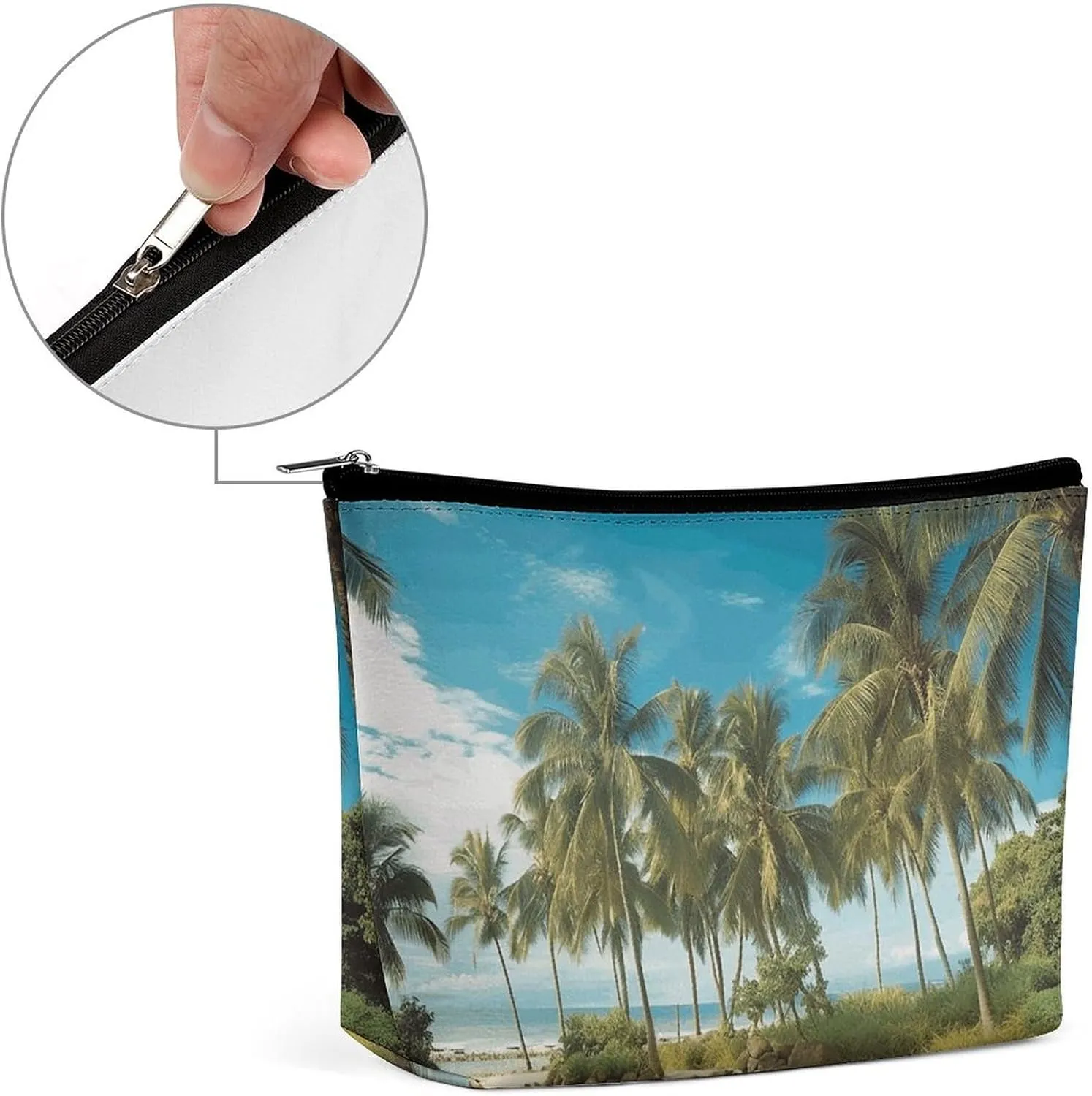 Small Cosmetic Bag Elegant Roomy Tropical Coconut Trees Beach Makeup Bags Portable Zipper Pouch Lipstick Bag Travel Toiletry Bag for Best Friend Gift