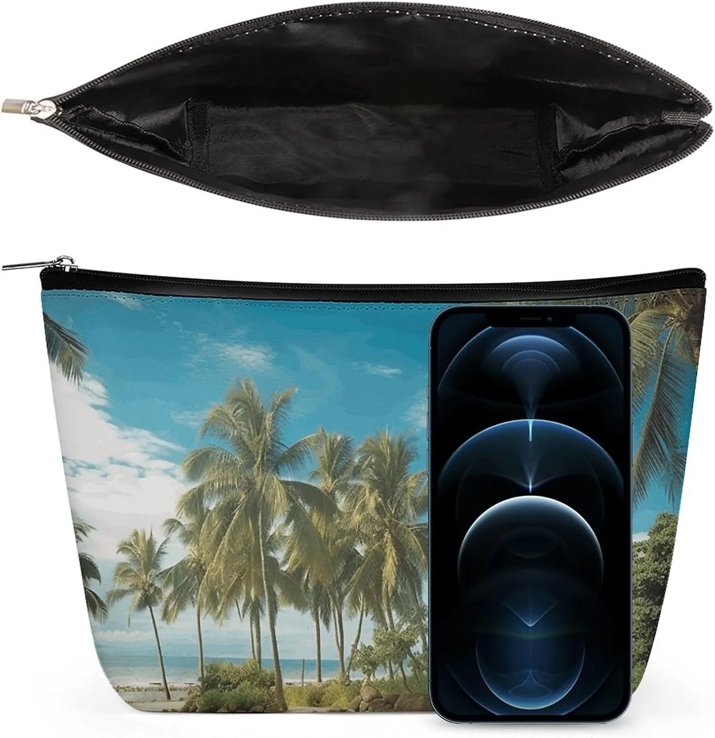 Small Cosmetic Bag Elegant Roomy Tropical Coconut Trees Beach Makeup Bags Portable Zipper Pouch Lipstick Bag Travel Toiletry Bag for Best Friend Gift