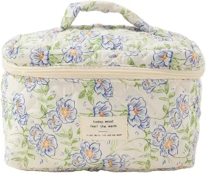 Small Large Makeup Bag for Travel Women Cute Aesthetic Cosmetic Toiletry Bags Cotton Quilted Make Up Pouch Purse Organizer (Large-02#Floral)