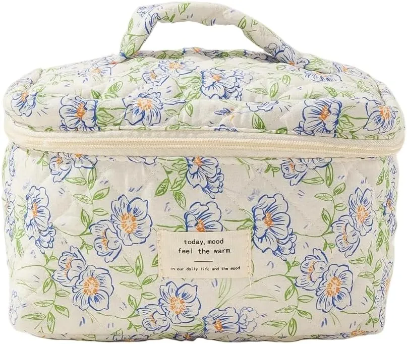 Small Large Makeup Bag for Travel Women Cute Aesthetic Cosmetic Toiletry Bags Cotton Quilted Make Up Pouch Purse Organizer (Large-02#Floral)