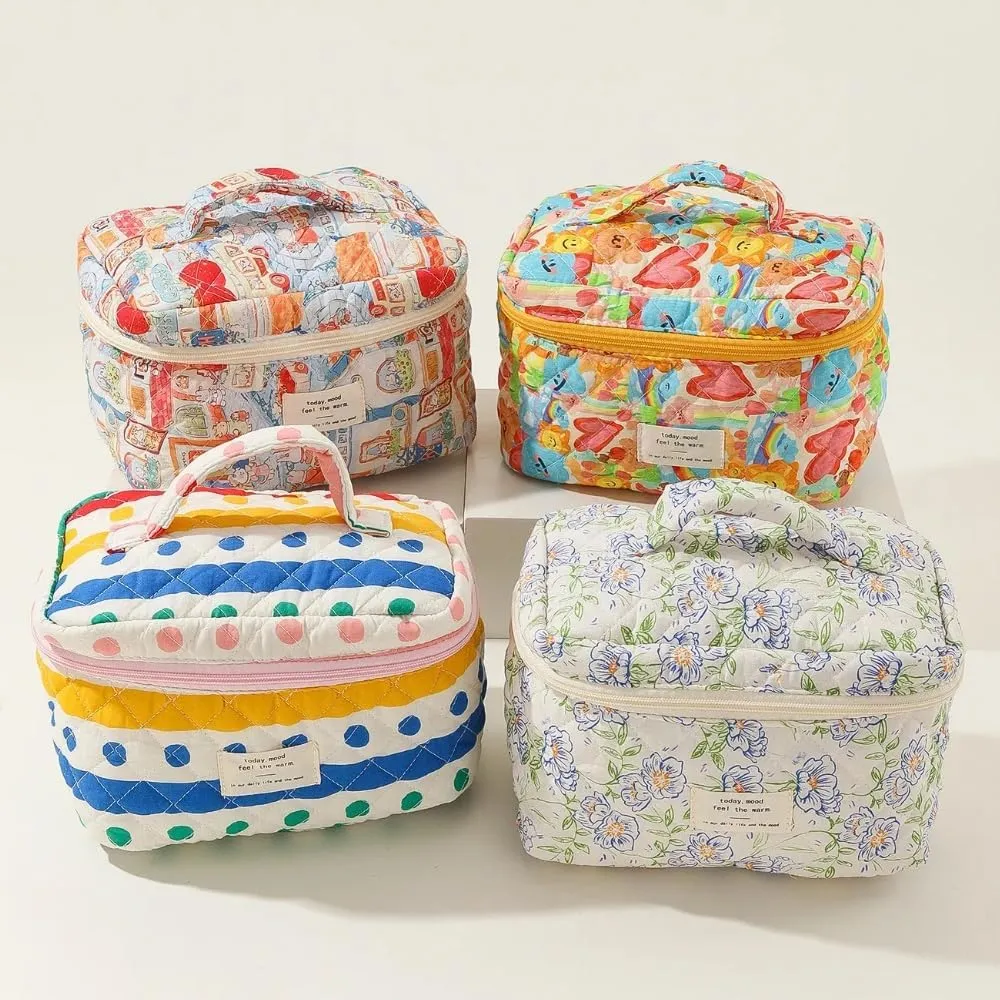 Small Large Makeup Bag for Travel Women Cute Aesthetic Cosmetic Toiletry Bags Cotton Quilted Make Up Pouch Purse Organizer (Large-02#Floral)